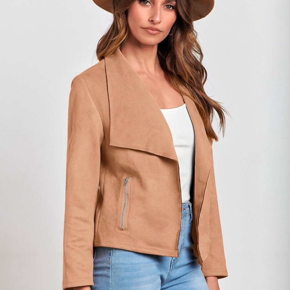 Brand New Women's Faux Suede Cropped Jacket in Camel, Size Small, Trendy Fall Fa - Picture 3 of 9